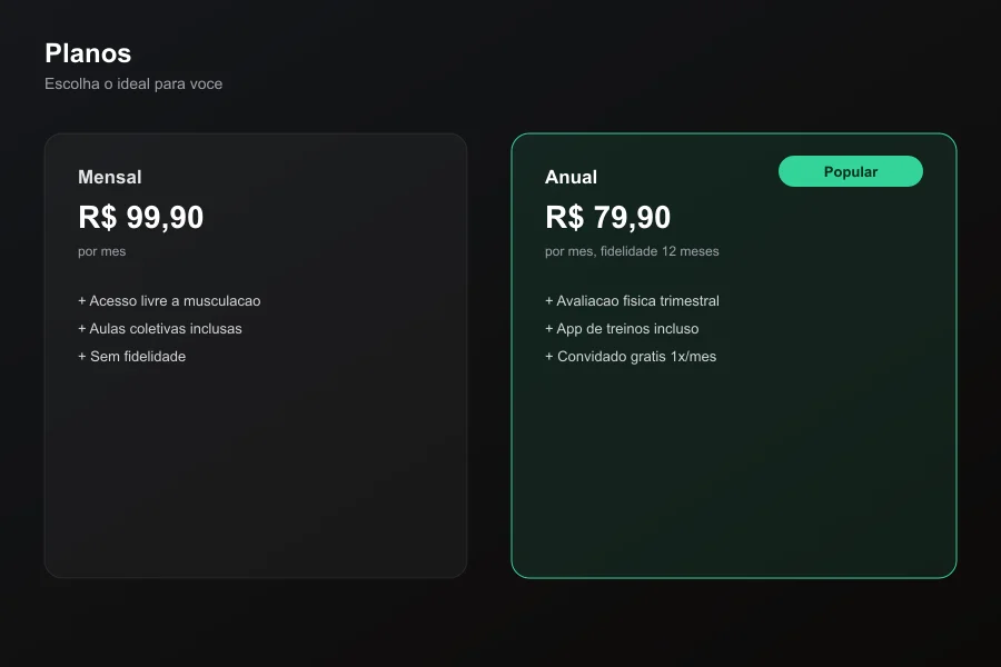 Planos e mensalidades no app Academia