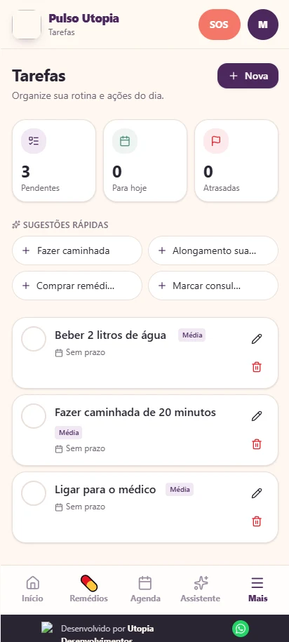 Organização de tarefas do dia a dia no Pulso Utopia