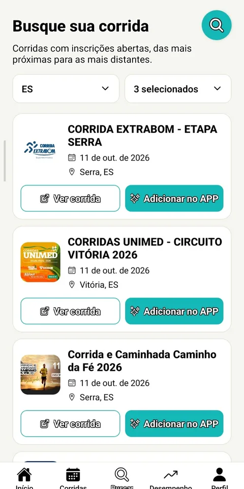 Busca de corridas por estado e cidade no VemPraPista
