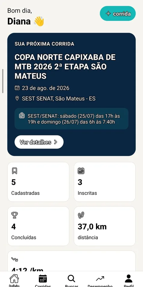 Tela inicial do VemPraPista com a próxima corrida e o resumo da temporada