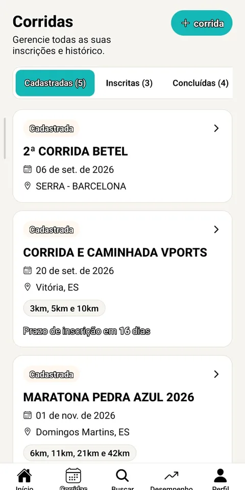 Minhas corridas organizadas em cadastradas, inscritas e concluídas