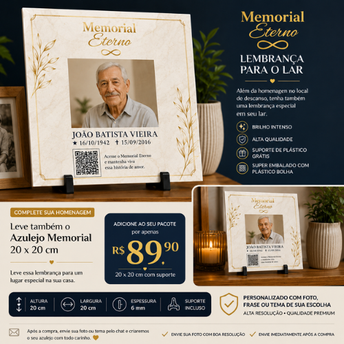 Azulejo Memorial Eterno personalizado de 20 por 20 centímetros com foto, QR Code e suporte de mesa