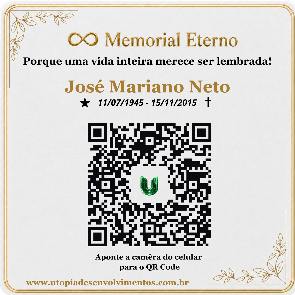 Placa de azulejo 10 por 10 centímetros do Memorial Essencial, sem foto e com QR Code
