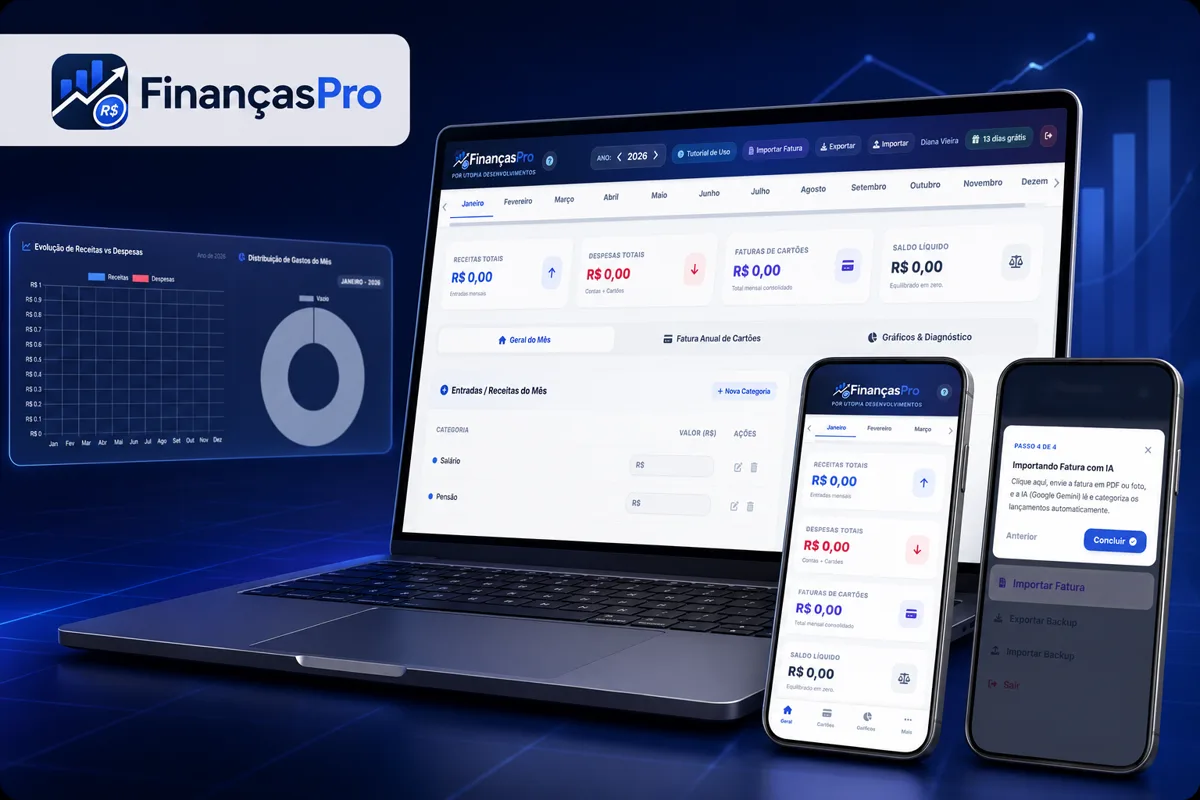 Painel do FinançasPro com receitas, despesas, faturas de cartões e gráficos
