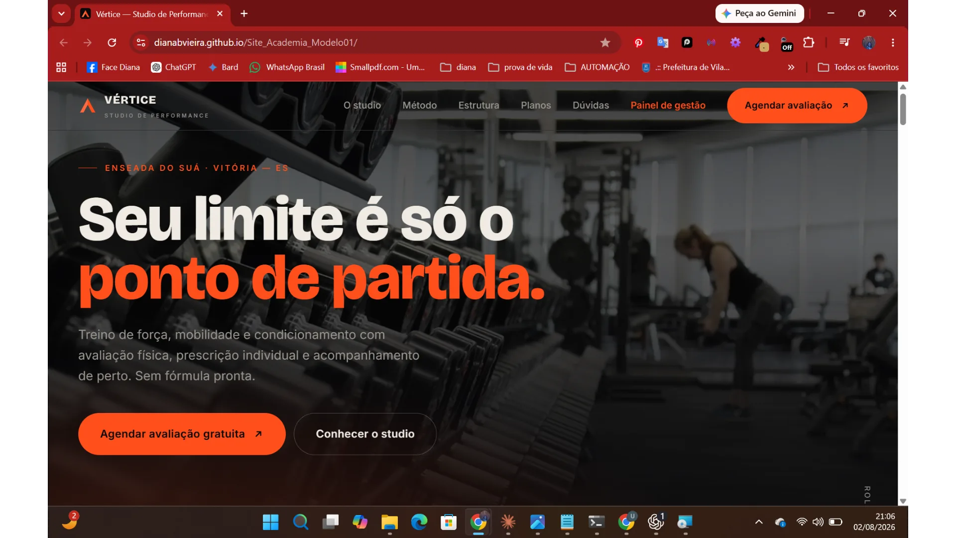 Home real do site Vértice Studio de Performance, entregue pela Utopia Desenvolvimentos
