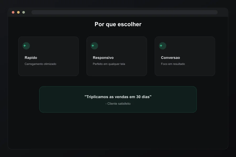 Conceito de landing page com benefícios e depoimento