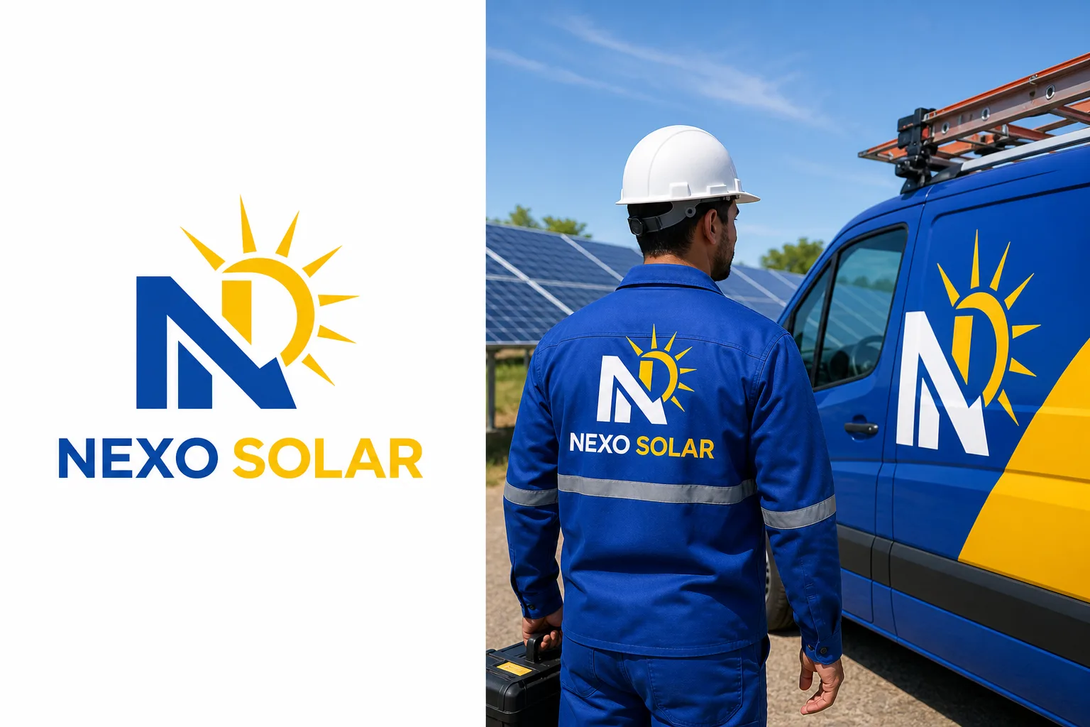 Logo Nexo Solar aplicada em uniforme e veículo