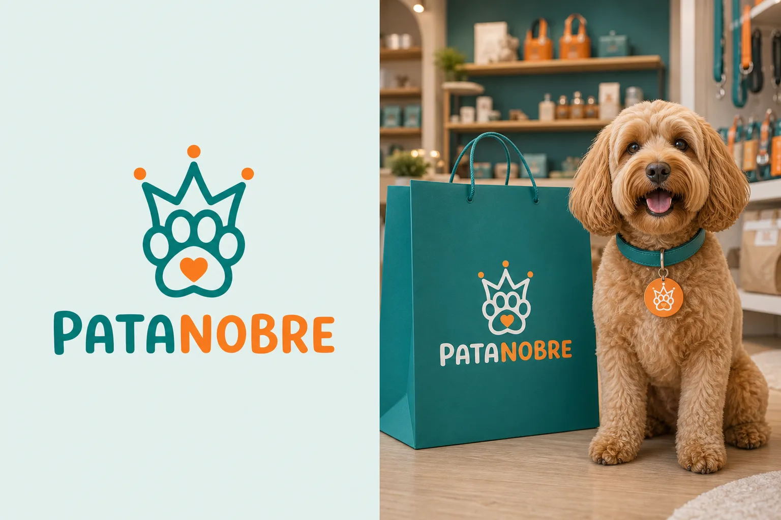 Logo PataNobre aplicada em sacola e tag de coleira