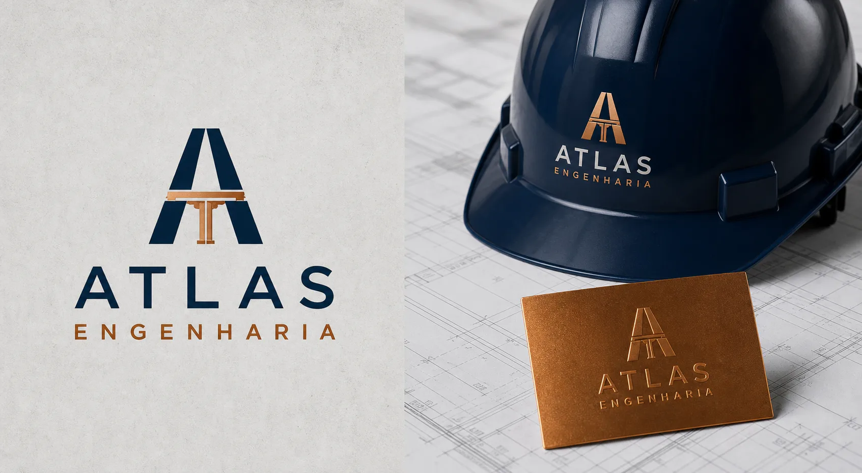 Logo Atlas Engenharia aplicada em capacete e cartão