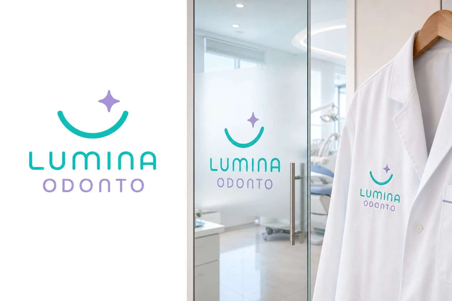 Logo Lumina Odonto aplicada em porta de vidro e jaleco