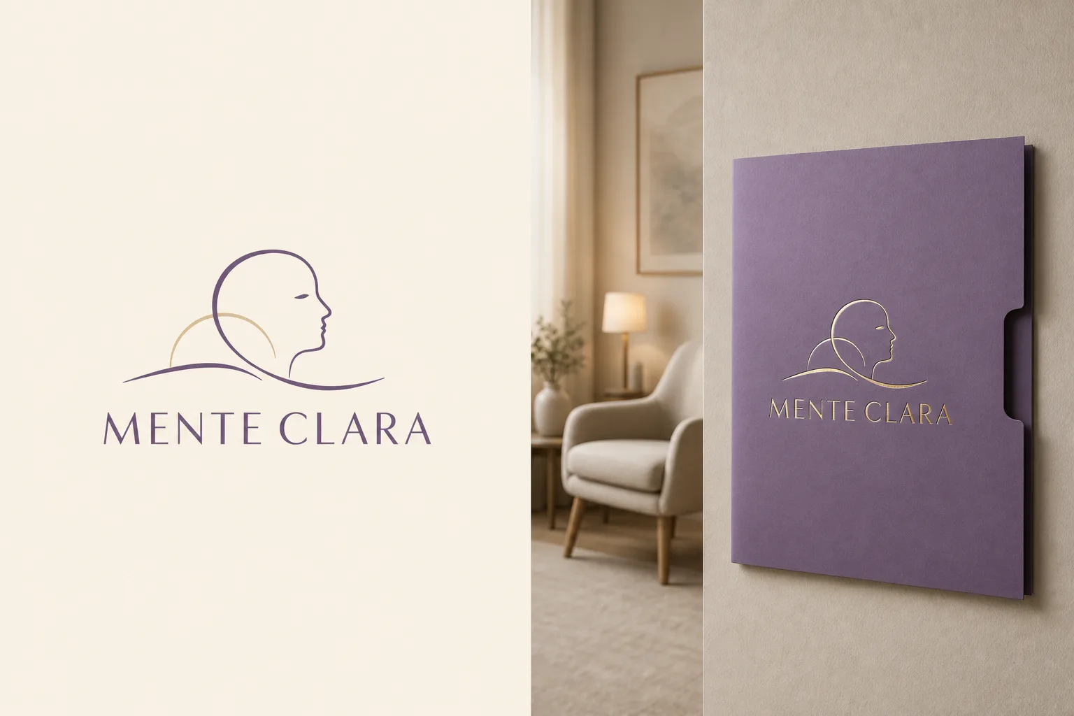 Logo Mente Clara aplicada em pasta e ambiente clínico