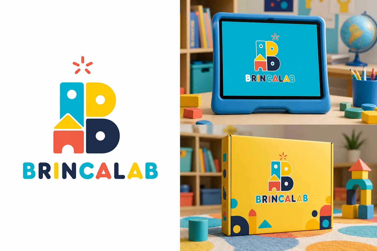 Logo BrincaLab aplicada em tablet e kit educativo