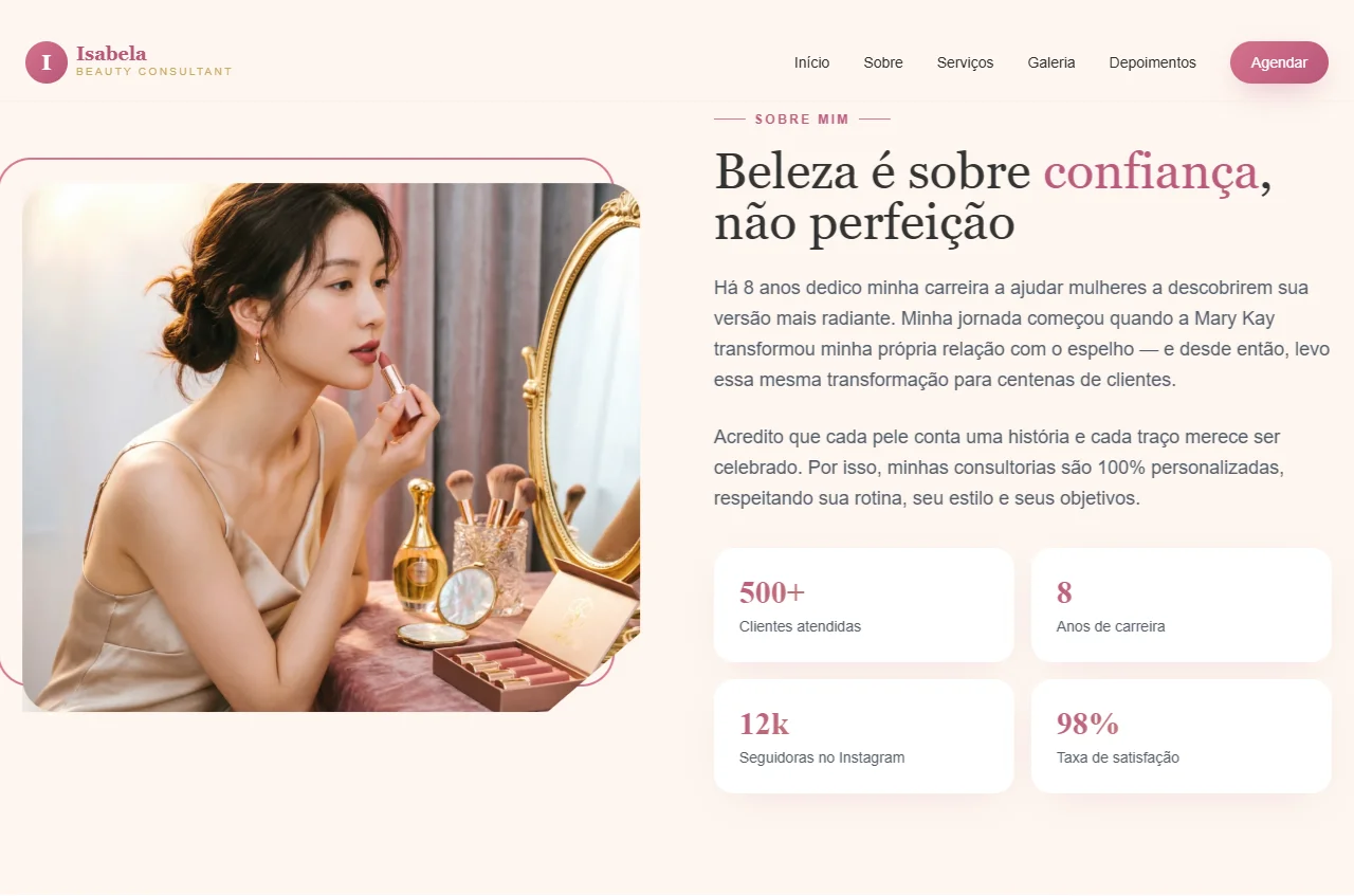 Seção Sobre do portfólio real de Isabela Martins, consultora Mary Kay